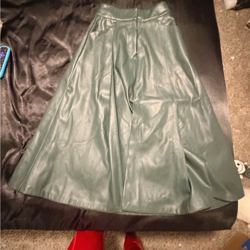 Zara A-Line Green Leather Skirt
